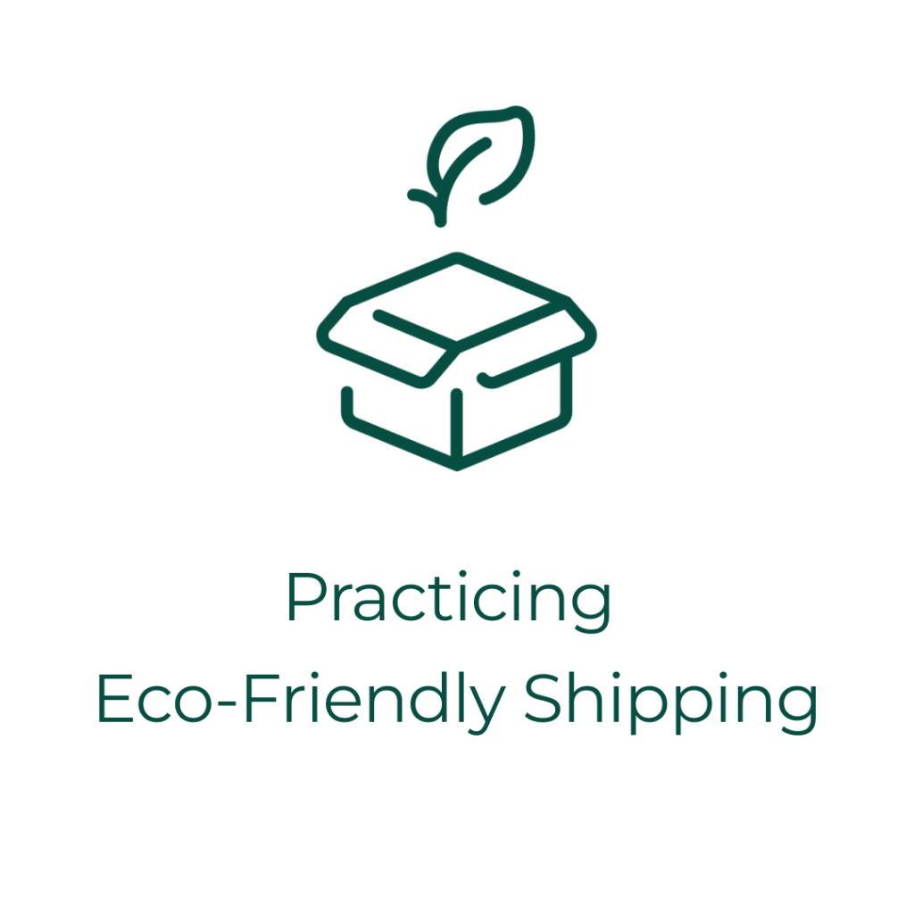 Image of a box and leaf with the text "practicing eco-friendly shipping"