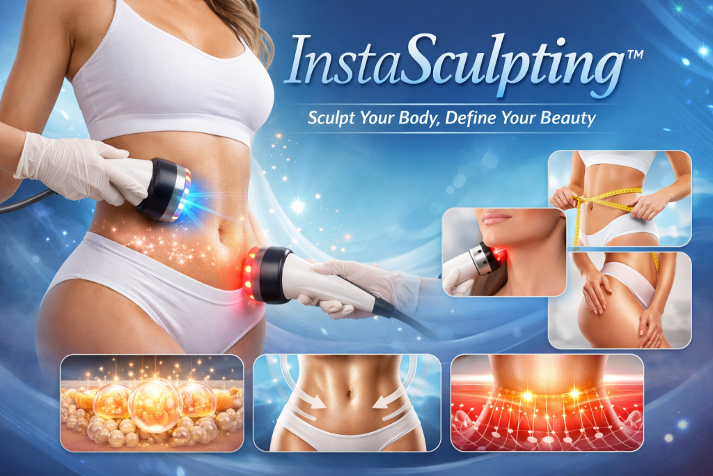 Technician using handheld body contouring devices on a woman’s abdomen during a non-surgical fat reduction and skin tightening treatment.